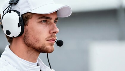 A race engineer wearing a white uniform and communication headset, focused while monitoring the driver and car performance on the pit wall with copy space.