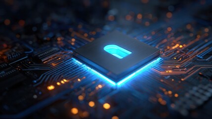 Close-up of a glowing integrated circuit with a padlock symbol, emphasizing security