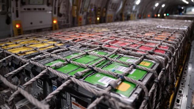 Pallets of lithium-ion battery packs secured with nets in the cargo hold of an aircraft.