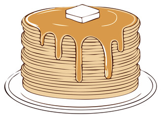 Tall stack of pancakes with dripping syrup and melting butter cartoon illustration