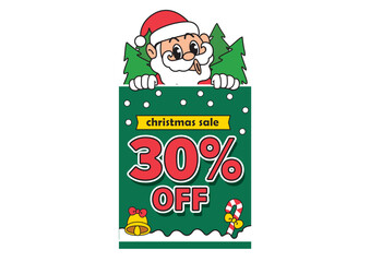 Whimsical Santa Claus character holding a Christmas sale 30 percent off banner with festive decorations. Holiday concept