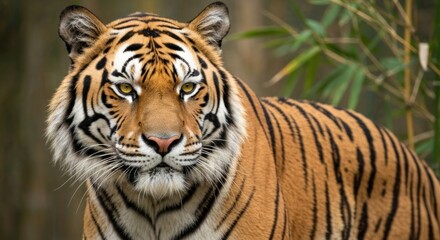 Fototapeta premium A majestic tiger with bright yellow eyes and striking black stripes stares intently forward