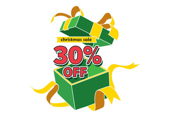 Open Christmas gift box displaying a 30 percent off sale promotion with festive ribbons. Holiday concept