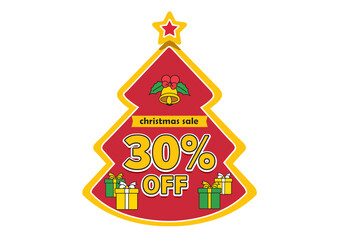 Vibrant Christmas tree design with a 30 percent off sale message and holiday-themed decorations. Holiday concept