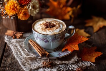 cup of pumpkin spice latte with cinnamon and autumn leaves, cozy halloween vibes