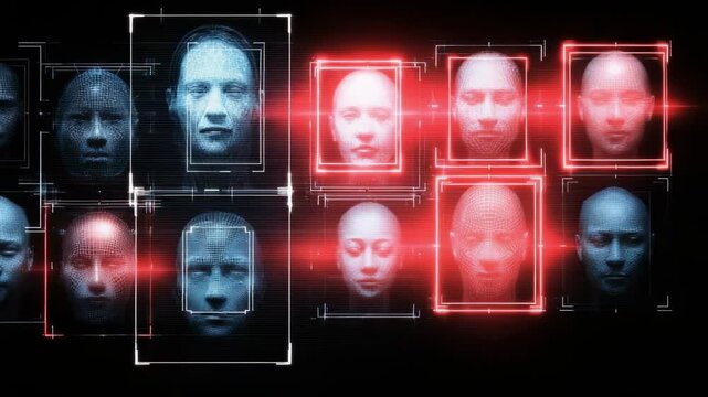 Facial recognition software analyzing multiple faces with red and blue bounding boxes.
