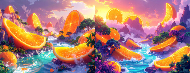 Dreamy Fruit World with Orange Mountains and Sparkling River