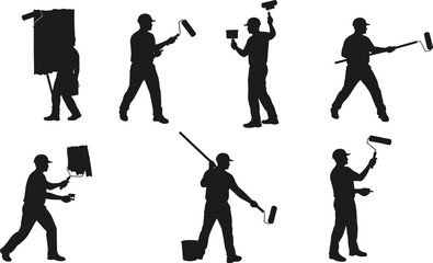 Painter silhouettes with rollers, house painting, construction work, renovation, wall painting, home improvement, manual labor, teamwork, craftsmanship, workplace success illustration