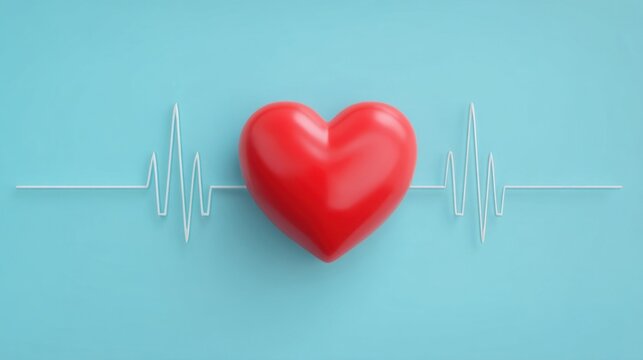 A glossy bright red heart with a continuous white ECG line pattern sits against a solid medium blue background,