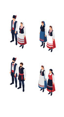 Collection of people wearing traditional folk costumes in isometric view