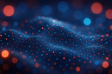 Abstract blue data wave with glowing red & blue particles and blurred bokeh lights