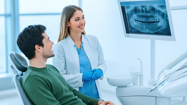 Female Dentist Discussing Panoramic X-ray with Male Patient in Modern Dental Clinic for Oral Health Consultation