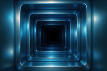 Abstract blue metallic tunnel of shining, receding, rounded squares into darkness
