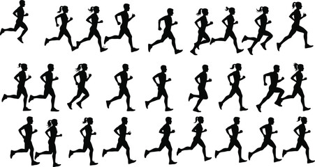 Running silhouettes sequence, athletic motion, jogging stages, fitness activity, sports training, dynamic movement, outdoor exercise, health, physical activity illustration set