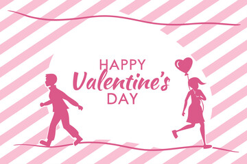 “Happy Valentine’s Day” white typography on pink stripes, simple trendy vector for U.S. romantic designs.
