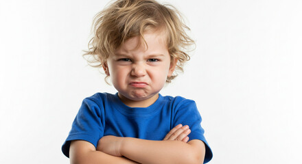 Frustrated toddler with arms crossed showing strong emotion of displeasure and defiance against white background
