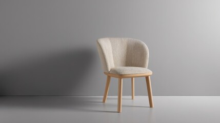 A modern beige fabric chair with wooden legs stands against a smooth grey wall,