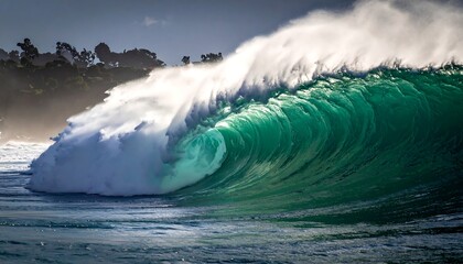 An oceanic wave crests, exhibiting vibrant green hues and white foam as it curls and breaks. The power of the sea unfolds
