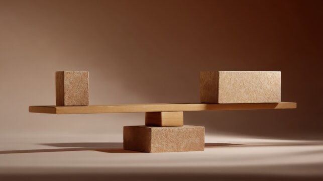 A balanced scale with three blocks of different sizes sits on an upward sloping surface against a warm toned background.