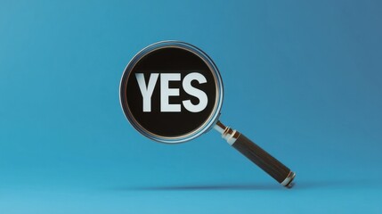 A magnifying glass with dark brown handles highlights the word YES in white capital letters on a black circular overlay 