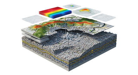 3D geological model showing layers of earth, topography, and data visualizations.