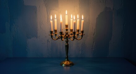 Fototapeta premium Brass candelabra with nine lit candles casting a warm glow in a dark room