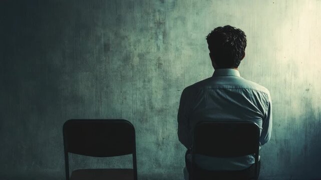 Man sits alone on chair in dimly lit room beside empty chairs