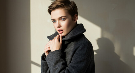 Elegant young woman with striking blue eyes and short hairstyle poses confidently in a stylish charcoal grey coat, bathed in soft natural light creating a chic modern aesthetic.