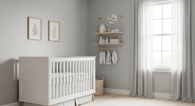 Bright, minimalist baby nursery with a white crib, wooden shelves, framed art, natural light
