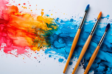 Colorful watercolor splash with paintbrushes on white background, copy space for text