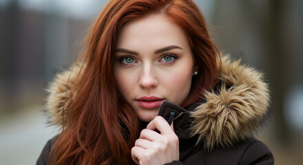 Captivating redhead woman with striking green eyes and freckles, bundled in a warm fur-lined winter coat, looking directly at the camera with an alluring gaze.