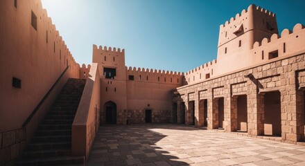 Fototapeta premium Bright, historic desert fortress courtyard with towering sand-hued walls, stairs, and shadows