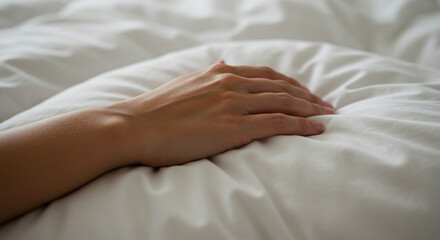 Comforting hand resting on soft, inviting white bedding, evoking feelings of relaxation and peaceful slumber.