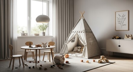 Bright, minimalist kids' playroom with teepee, wooden toys, round table, natural lighting
