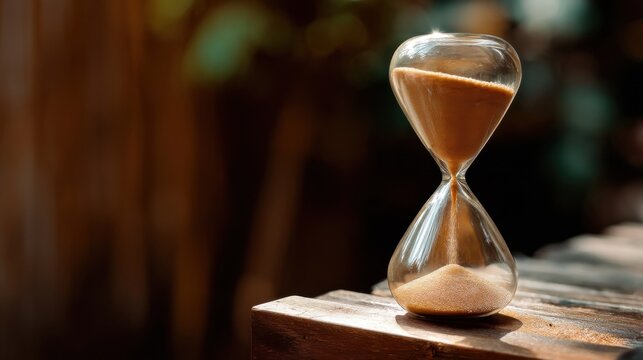 An hourglass with fine sand flowing through its narrow neck rests on a wooden surface,