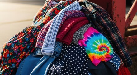 Obraz premium Bright, varied clothing heap floral dress, striped shirt, tie-dye, denim, sweaters