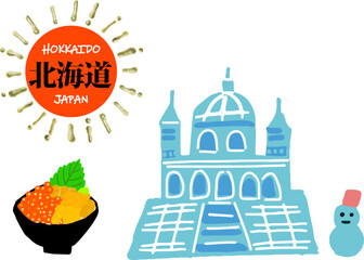 北海道の雪まつりとウニ・いくら丼の手描きイラスト