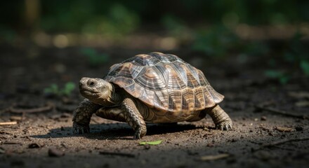 Obraz premium Brown patterned tortoise walks slowly across dirt ground in dappled natural light
