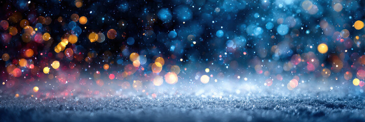 Snow bokeh lights, winter sparkle, festive glow, blue background