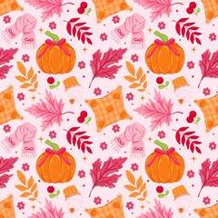Coquette Cozy Fall: A Seamless Pattern of Pink Pumpkins, Scarves, and Whimsical Autumn Leaves