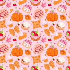 Cozy Autumn Dessert Pattern | Pumpkin Pie, Bows and Fall Sweets Seamless Design