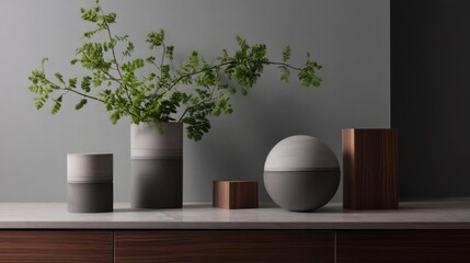 Modern interior decor with ceramic vases and wooden box containing succulents arranged on a surface against dual-tone wa