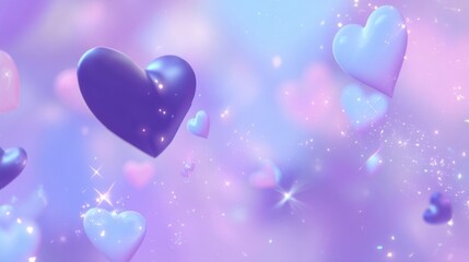 A dreamy pastel scene features a large glossy purple heart surrounded by smaller pink lavender and blue hearts floating 