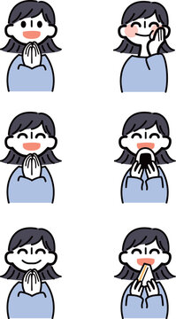 いただきますごちそうさまをしていたりおにぎりやサンドイッチを食べている女性のイラストセット