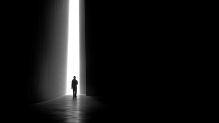 A solitary figure stands in a narrow hallway facing intense light at the end,