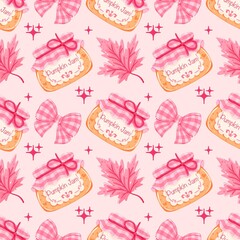 Pink Pumpkin Jam Gingham Bows Seamless Pattern - Cute Fall Autumn Leaves Kawaii Harvest Digital Paper Background