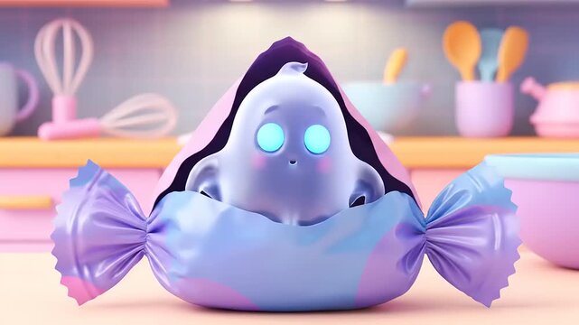 Cute ghost character peeking out of candy wrapper in pastel kitchen, creating playful and whimsical Halloween scene.