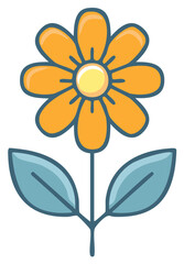 Stylized single yellow flower blossom with green leaves, botanical illustration of a simple bloom with vibrant color, vector art