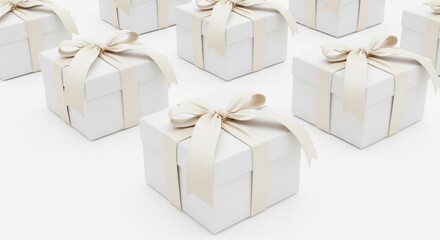 Fototapeta premium Close-up of numerous pristine white gift boxes with soft cream ribbons on a bright background