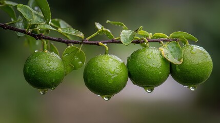 moisture. Vibrant green sudachi limes hanging from a rain-moistened branch with water droplets. menu design, packaging mockups, designed for culinary blogs and recipe cards for restaurants.